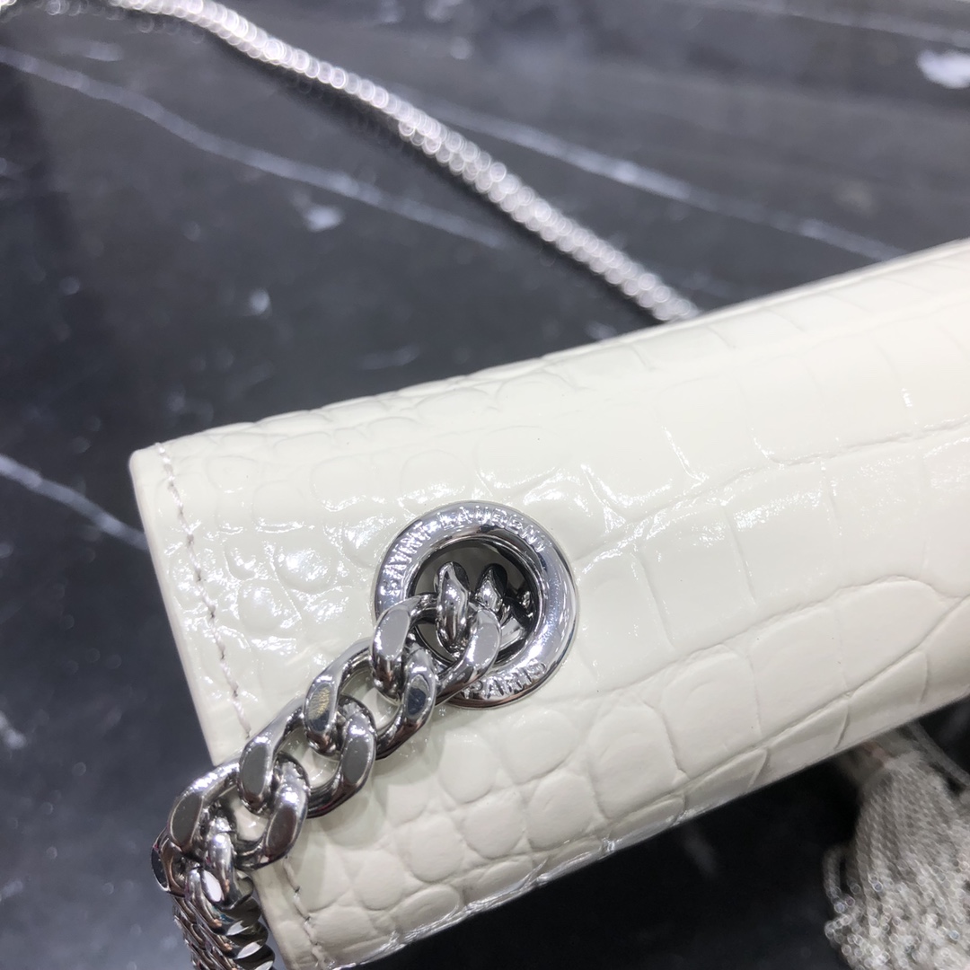 Saint Laurent Kate Tassel Small Crocodile Embossed Calfskin Shoulder Bag Handbag White 474366 Silver